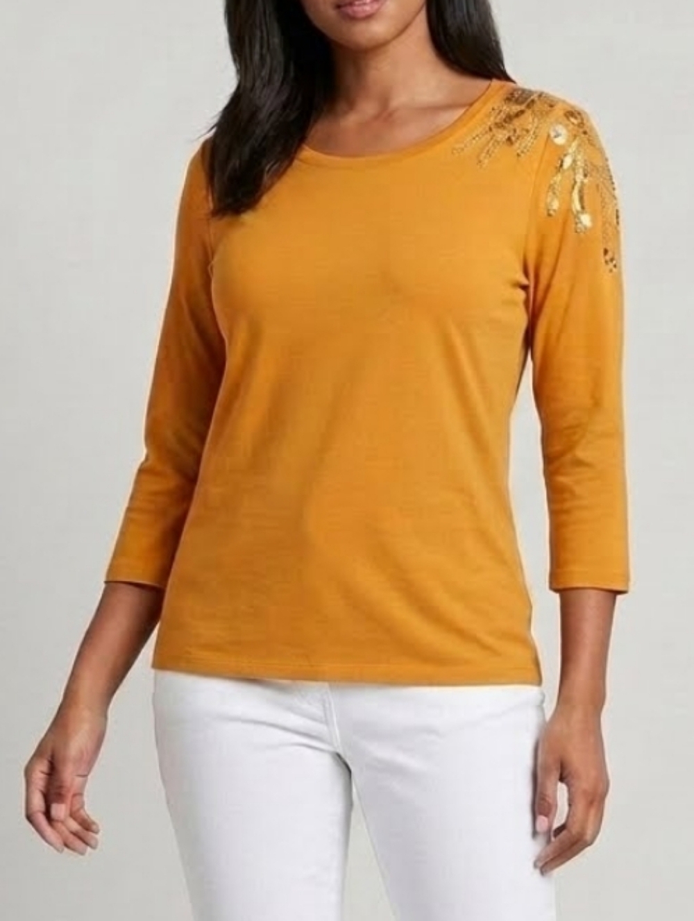 Attitudes by Renee Embellished Shoulder 3/4 Sleeve T Shirt Top Size Small
